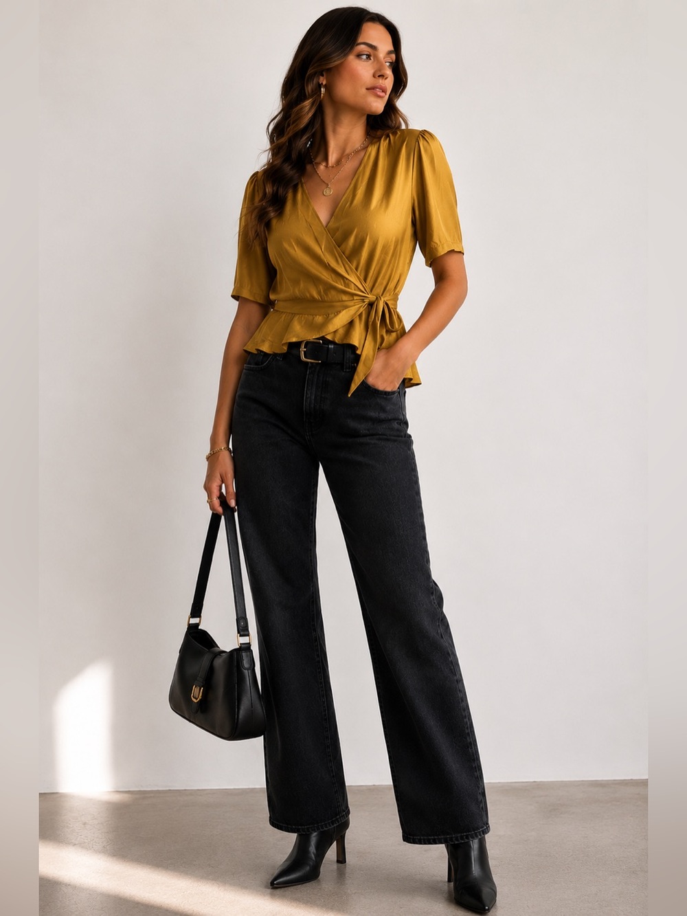 Elodie Mustard Wrap Blouse Tie Waist Peplum Short Sleeve Top Women’s M